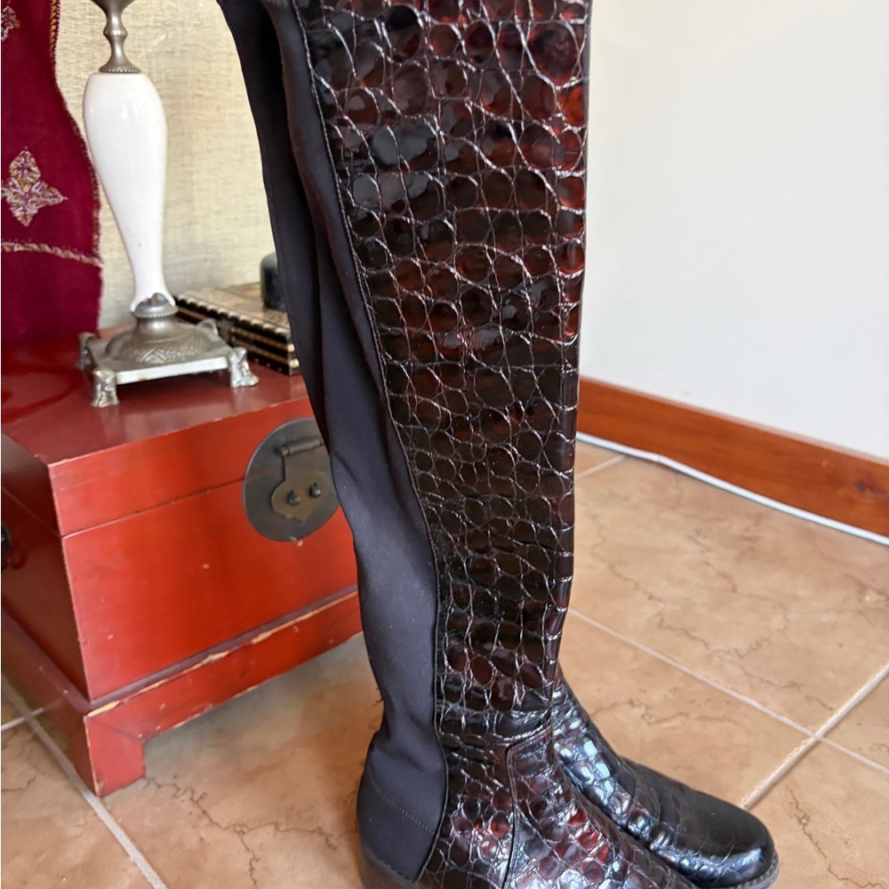 Stuart Weitzman Black and Brown Croc-Embossed Women’s Boots